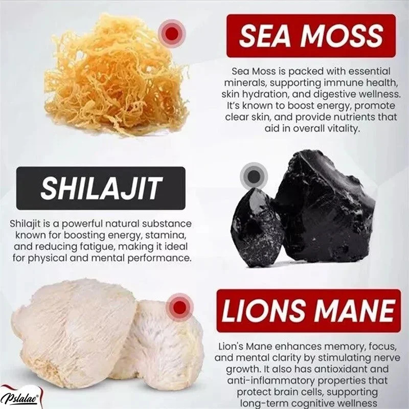 Shilajit, Seamoss & Lion’s Mane 120pcs,For Mood,Improve Endurance & Performance