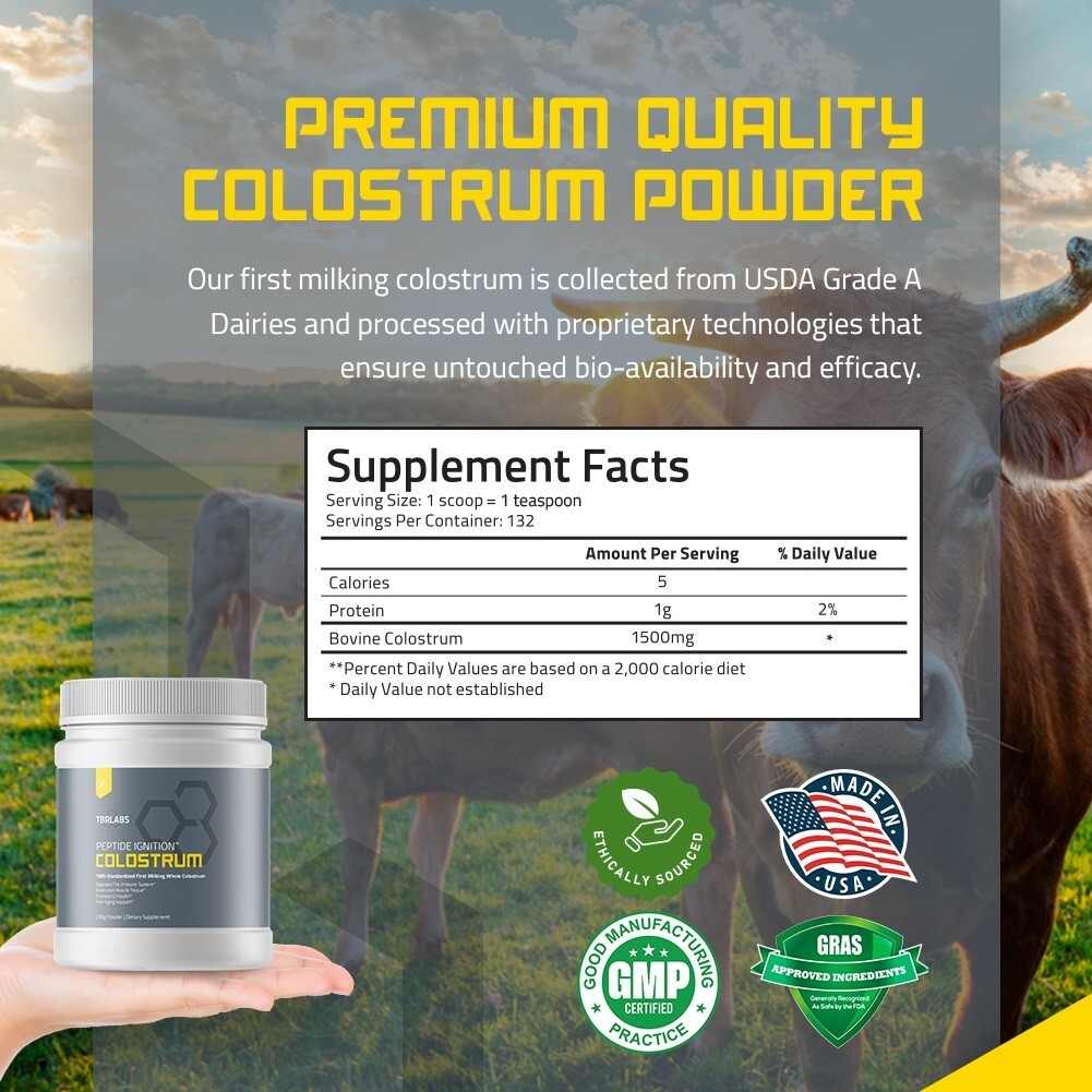 TBR Labs Bovine Colostrum Powder, First Milking USA Source – 200g (132 Servings)