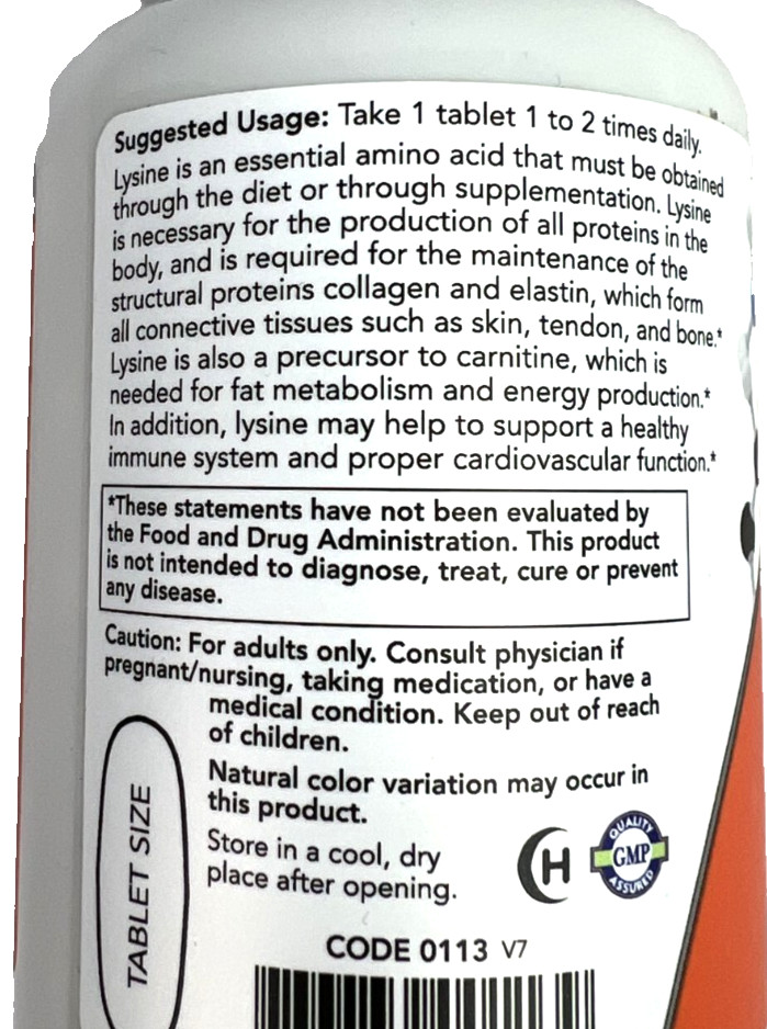 NOW Double Strength L-Lysine 1000 mg 100 Tablets Cold Sores Best By 12/2030 NEW