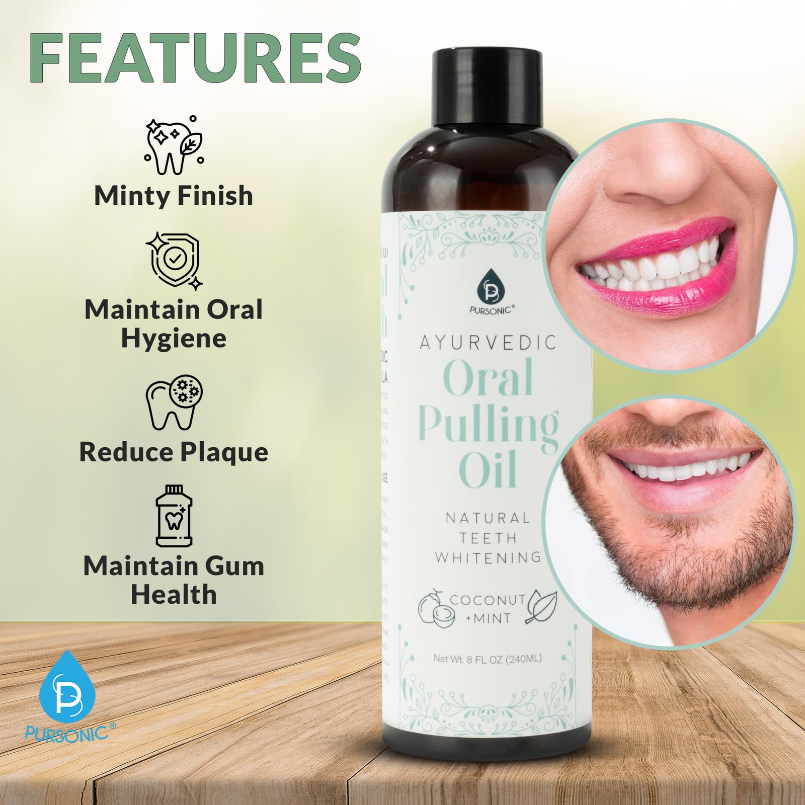 Pursonic Mint & Coconut Oil Pulling for Teeth 8 Fl Oz (Pack of 1), Neutral