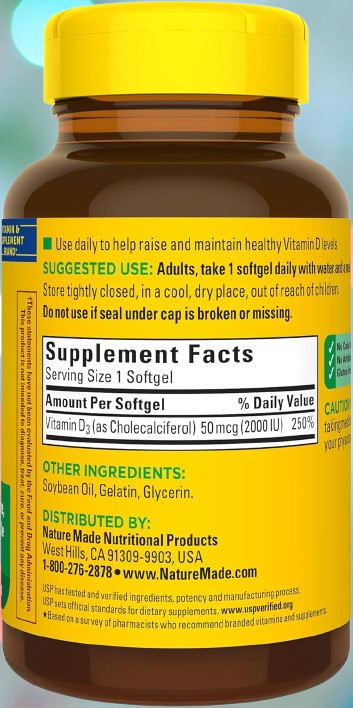 Nature Made D3 2000 IU 50 mcg 250 Softgels Exp: 02/2026