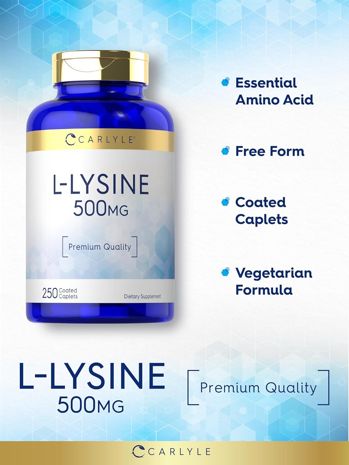 L-Lysine 500mg | 250 Caplets | Amino Acid Supplement | Vegetarian | by Carlyle