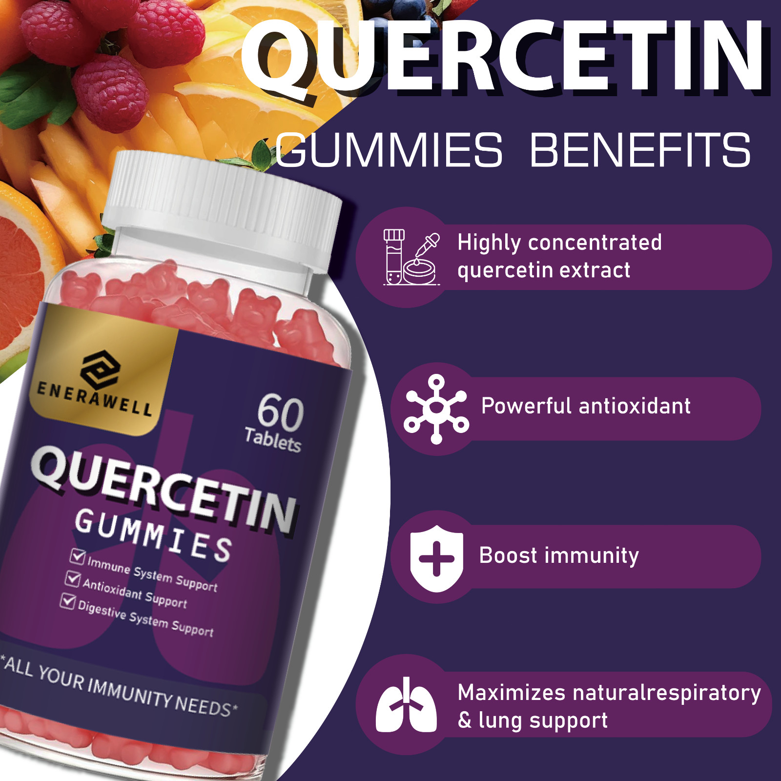 Quercetin Gummies 500mg with Bromelain Vitamin C D3 Zinc & Elderberry 02/07/2027