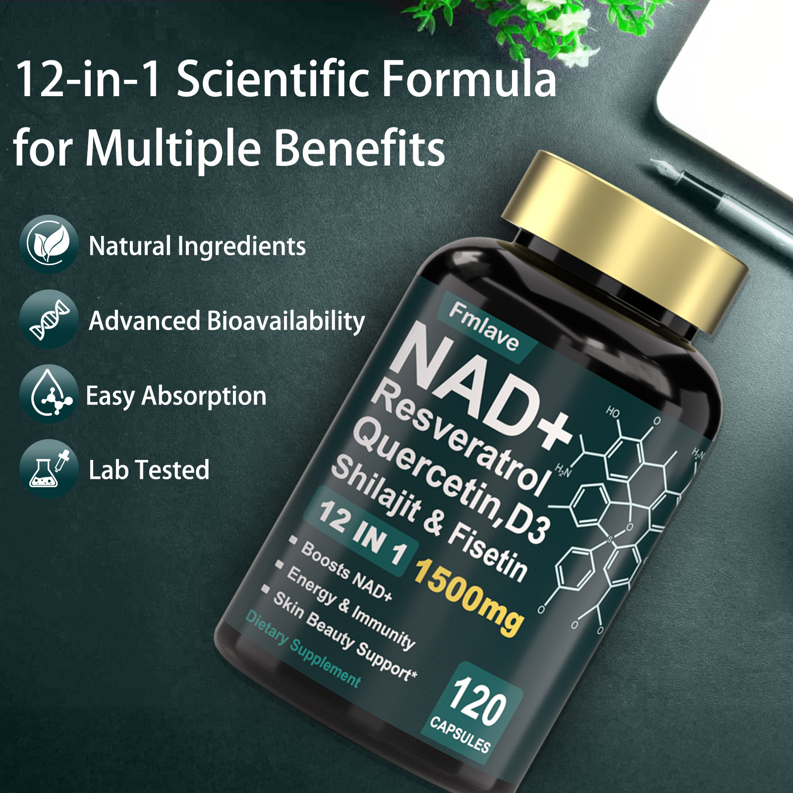 NAD+ Supplement 1500mg with Resveratrol | Cellular Health & Energy | 120 Capsule