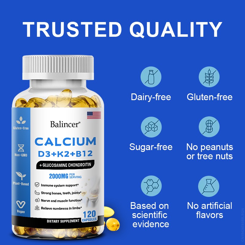 Calcium Capsules w/ D3+K2+B12 Support Bones Muscles Health Immune System 120Caps