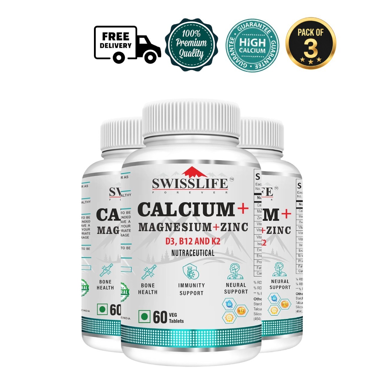 3 Pack SWISS.LIFE Forever Calcium Magnesium Zinc D3 K2 B12