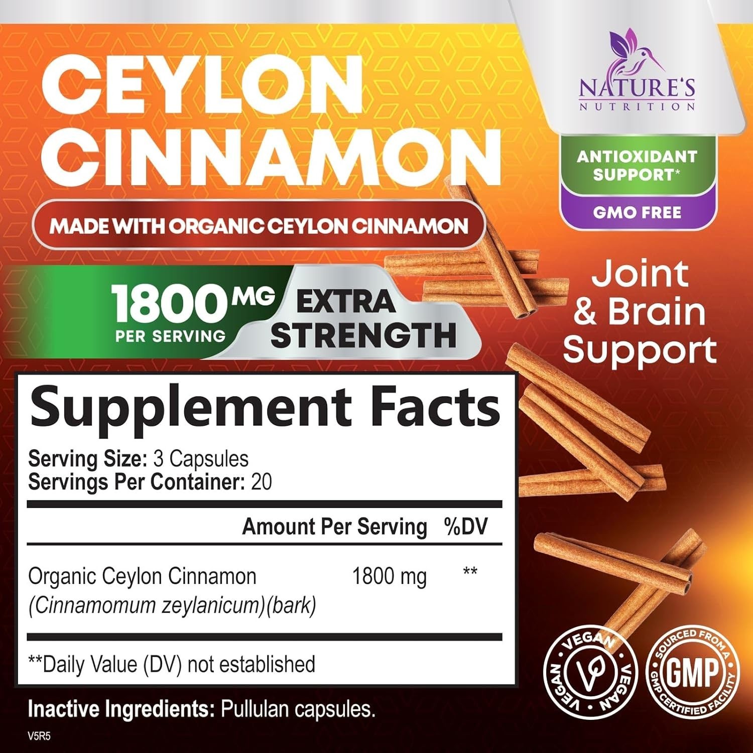 Organic Ceylon Cinnamon Supplement 1800mg Certified Organic Ceylon Cinnamon Pill