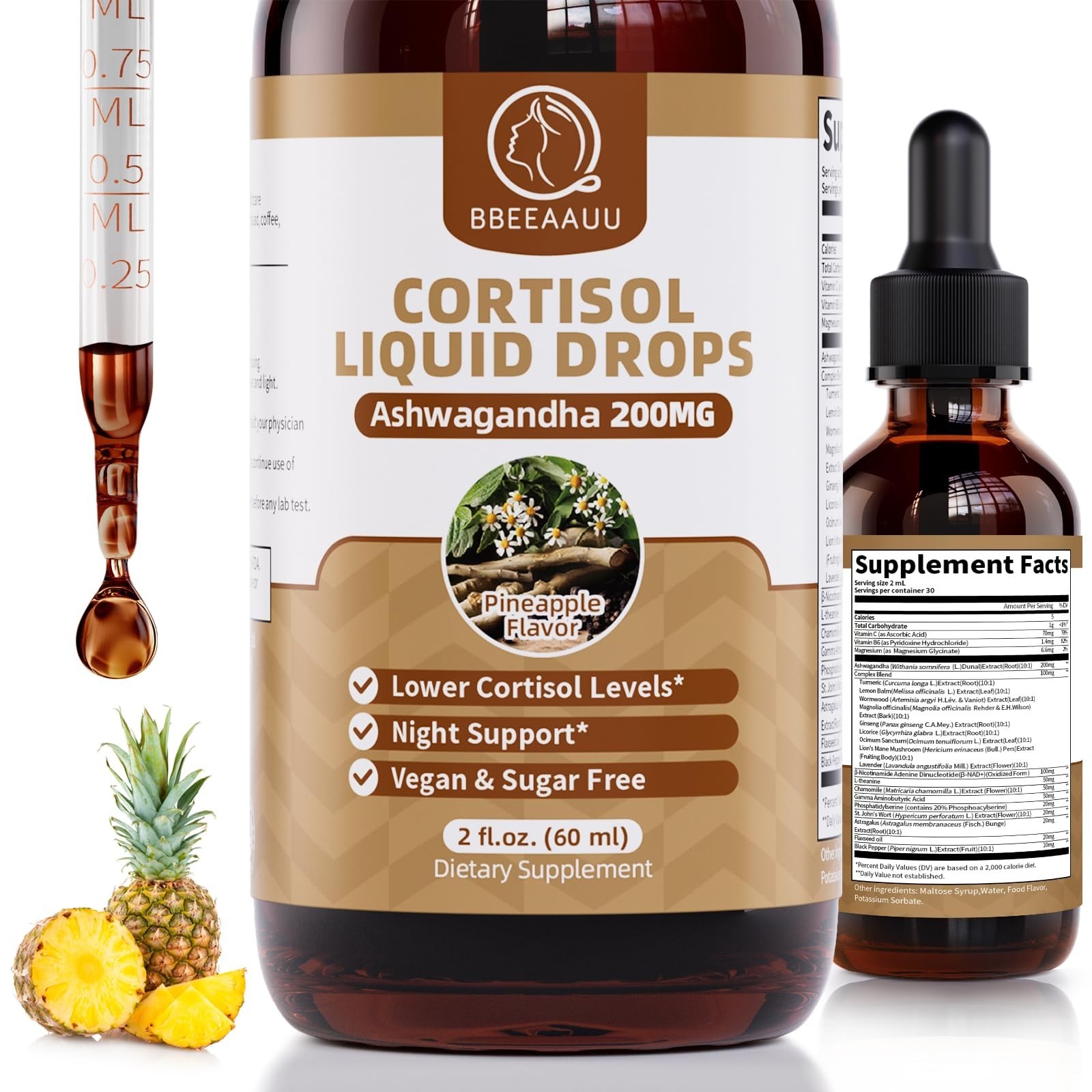 Cortisol Support Drops for Stress Relief, 200mg Ashwagandha & L-Theanine, 60ml