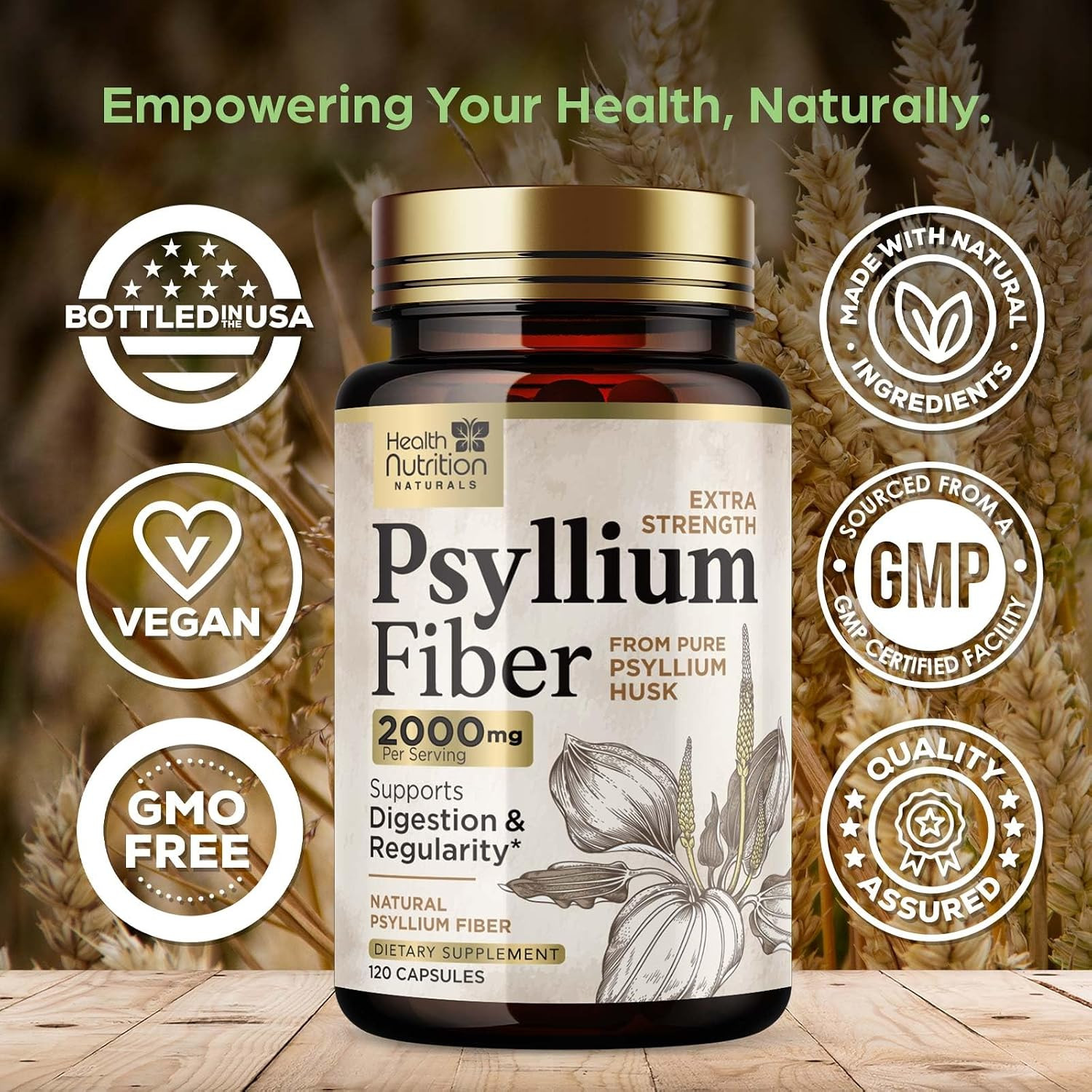High Absorption Psyllium Husk Capsules 2000mg Daily Fiber Supplement, Psyllium.