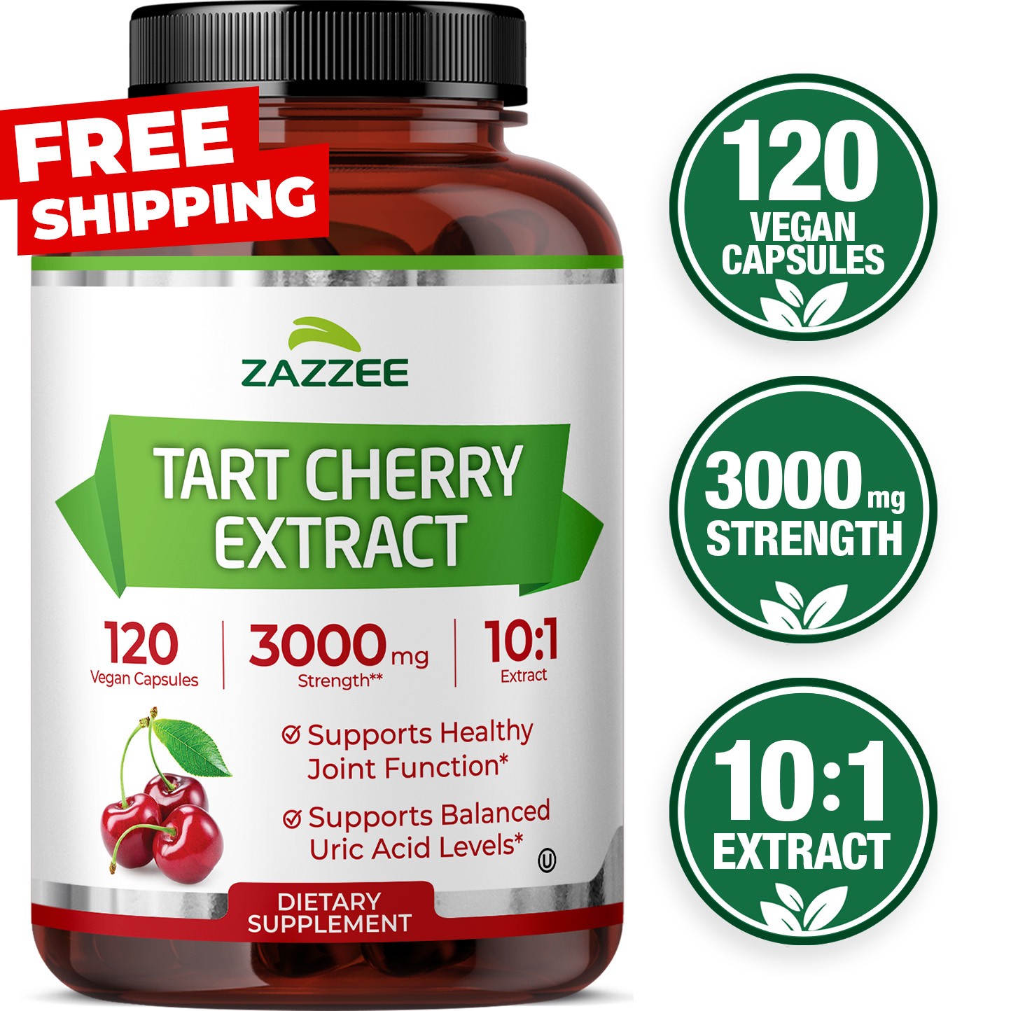 Tart Cherry 10:1 Extract, 3000 mg Strength, 120 Vegan Capsules, 4 Month Supply