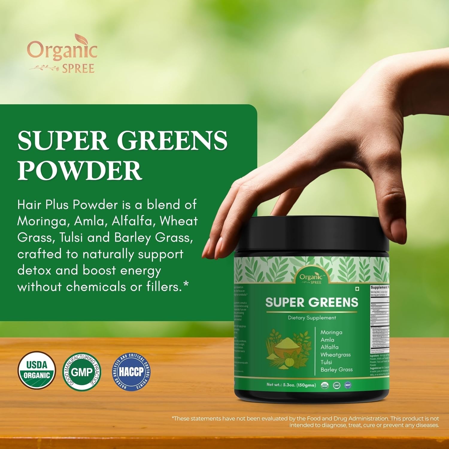 ORGANIC SPREE Super Greens Powder – 150 gm (5.3oz) for Detox & Immunity Support
