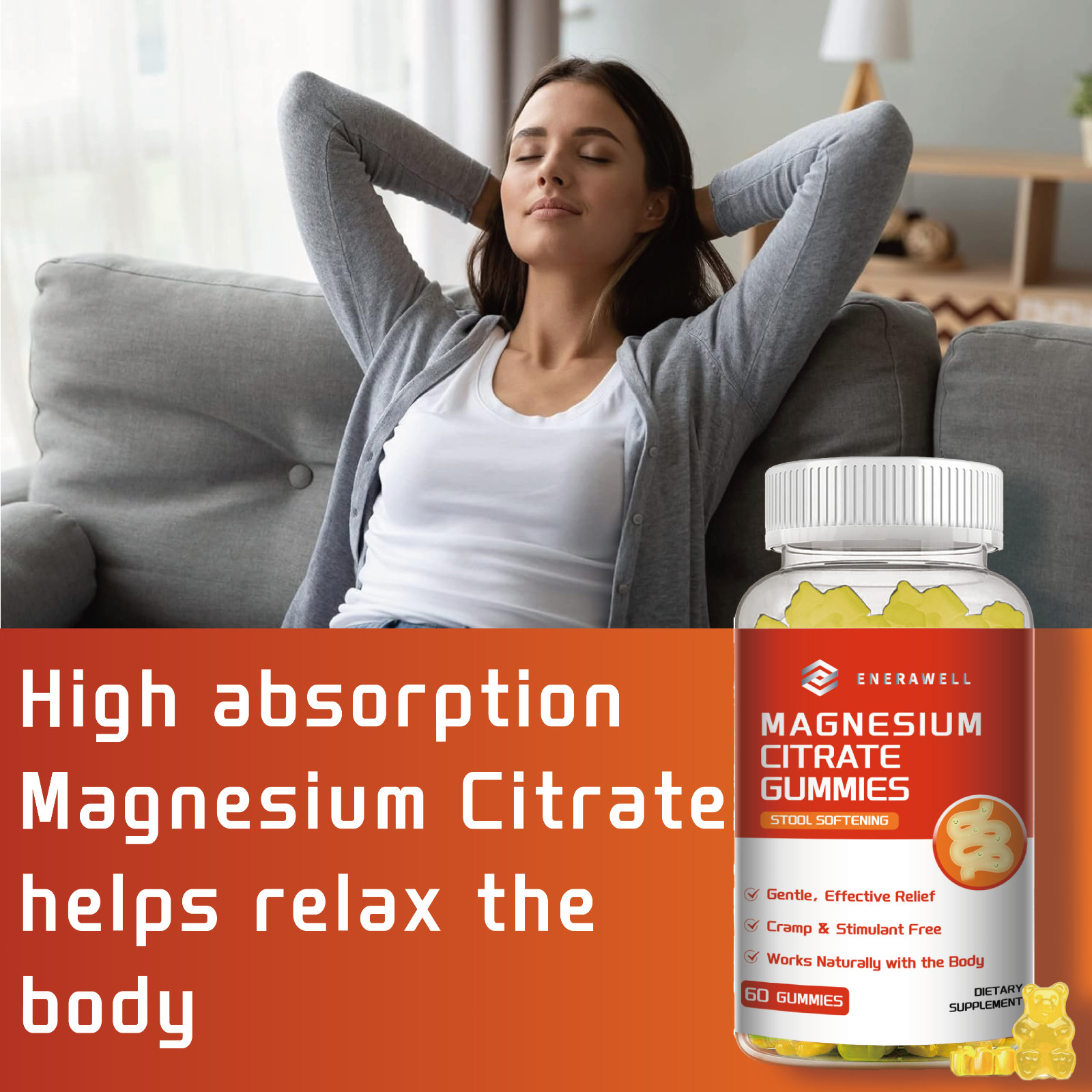 ENERAWELL Magnesium Citrate 600mg, 30 Servings, 60 Gummies -Non-GMO | 02/07/2027