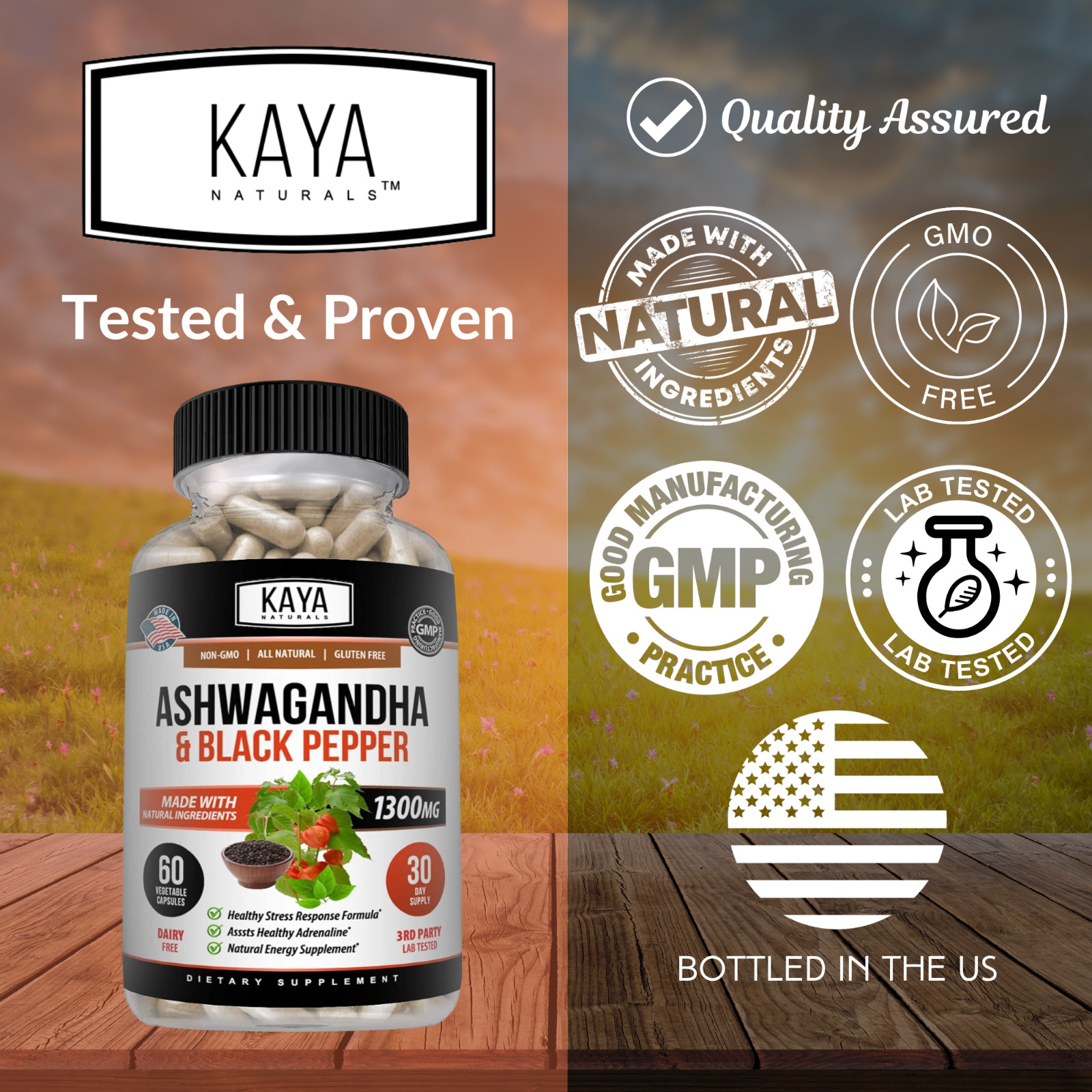 Organic Ashwagandha Capsules 1300mg Supplement w/ Black Pepper Root Powder