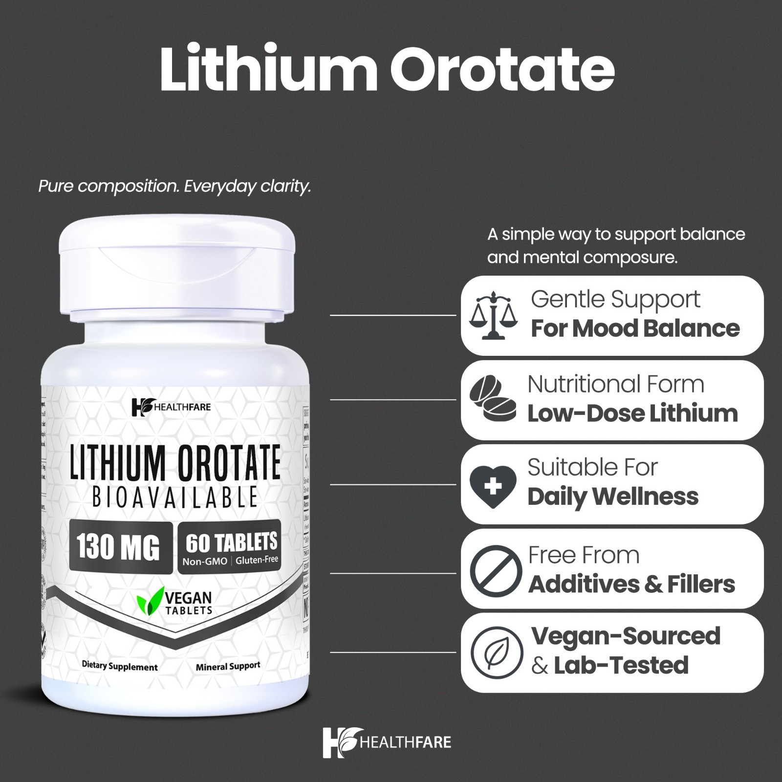 HealthFare Lithium Orotate 130mg | 60 Tabs | Vegan, Gluten-Free, GMO-Free