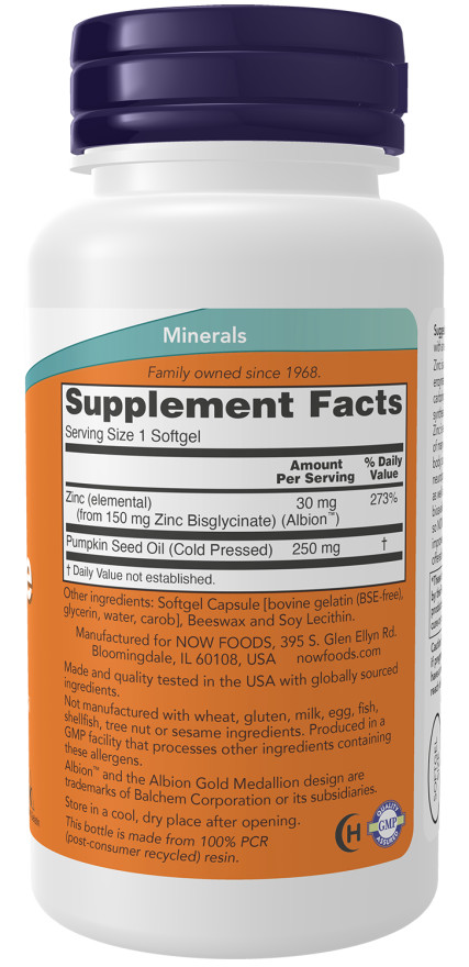 NOW Foods Zinc Glycinate 120 Softgels Supports Prostate Health