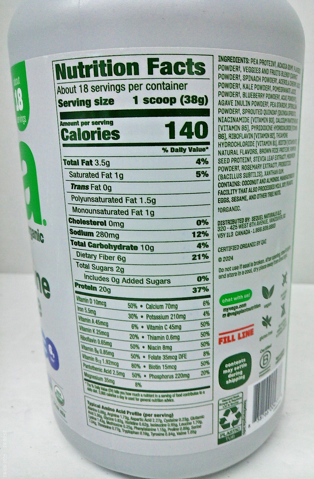 Vega Plant-Based All-in-One Protein Powder Nutrition Shake, Coconut Almond, 2lb