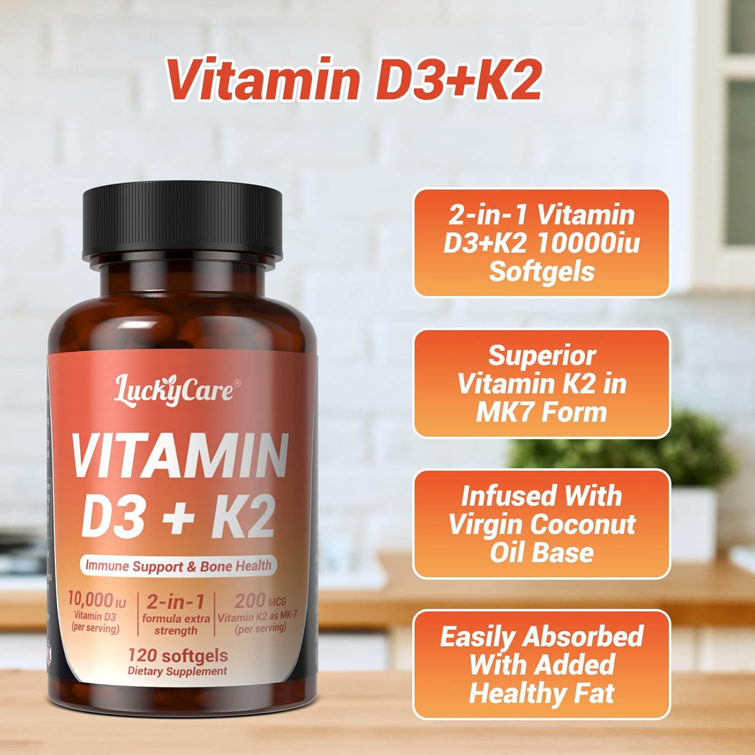 Vitamin D3 K2 10000 iu with Coconut Oil, VIT d3 and k2 Supplements, 120 Gel Caps