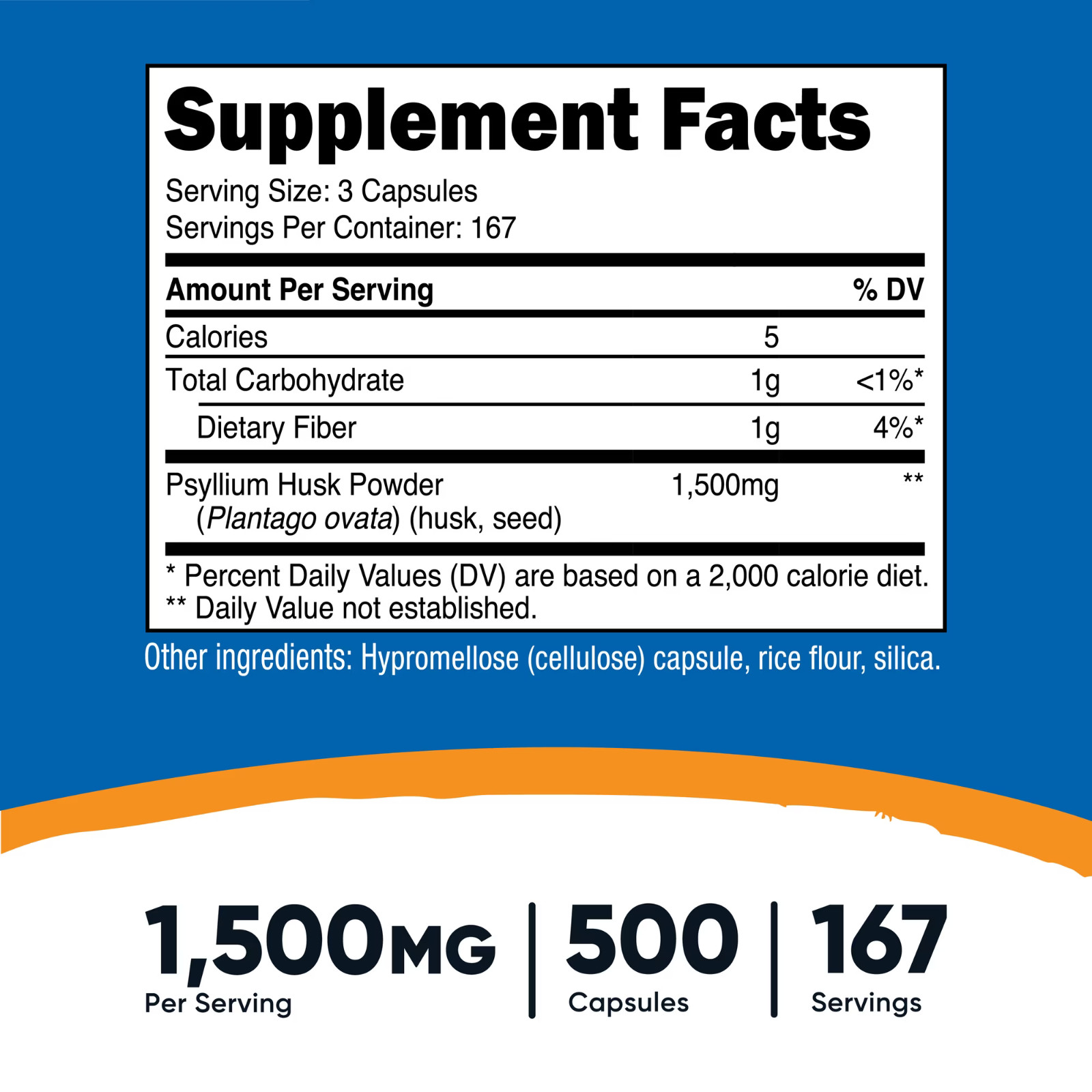 Psyllium Husk 1500mg Per Serving 500 Capsules Non-GMO Gluten Free