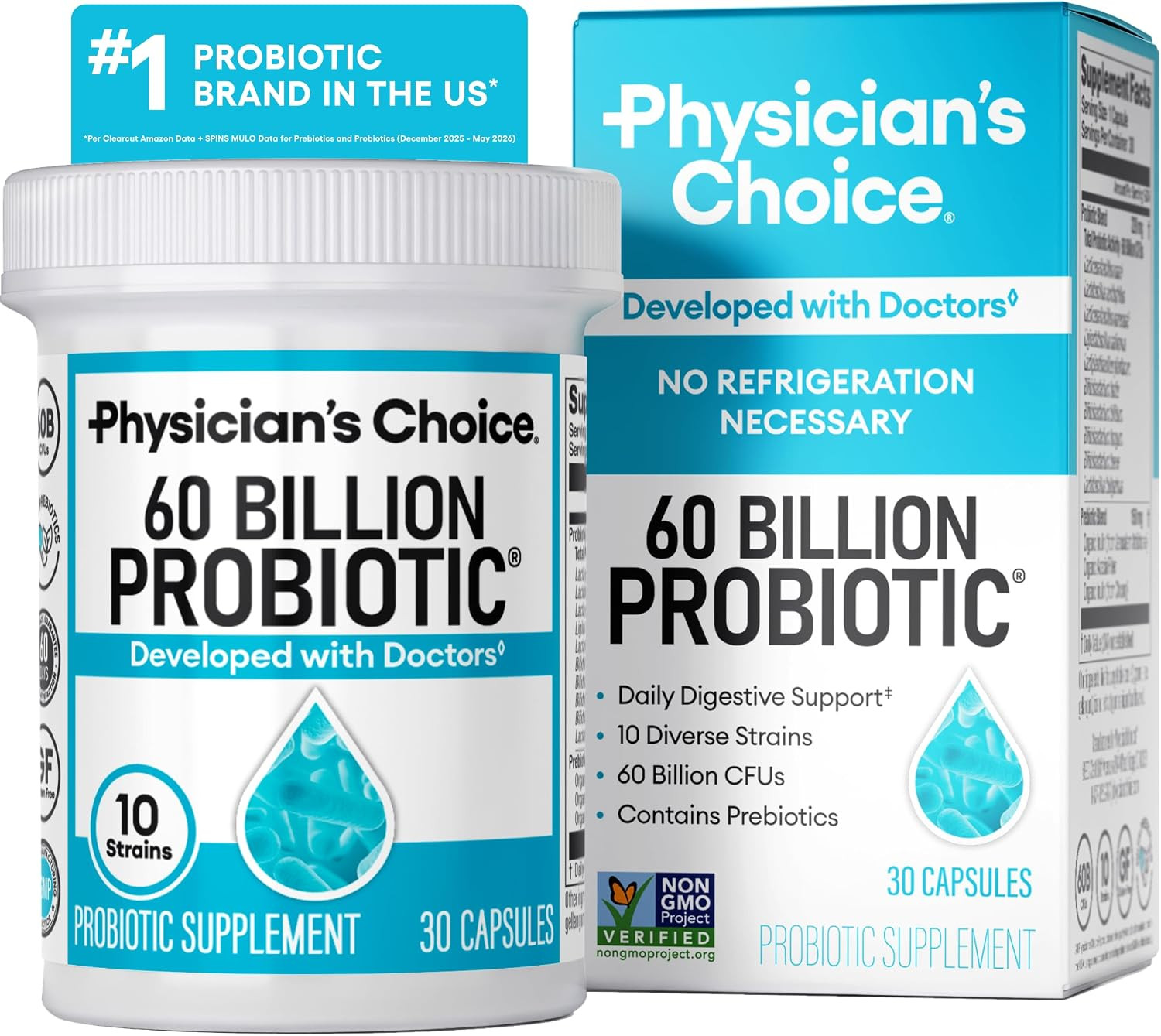 Probiotic 60 Billion CFU Digestive Gut Health Support w/ Prebiotics 30 Day