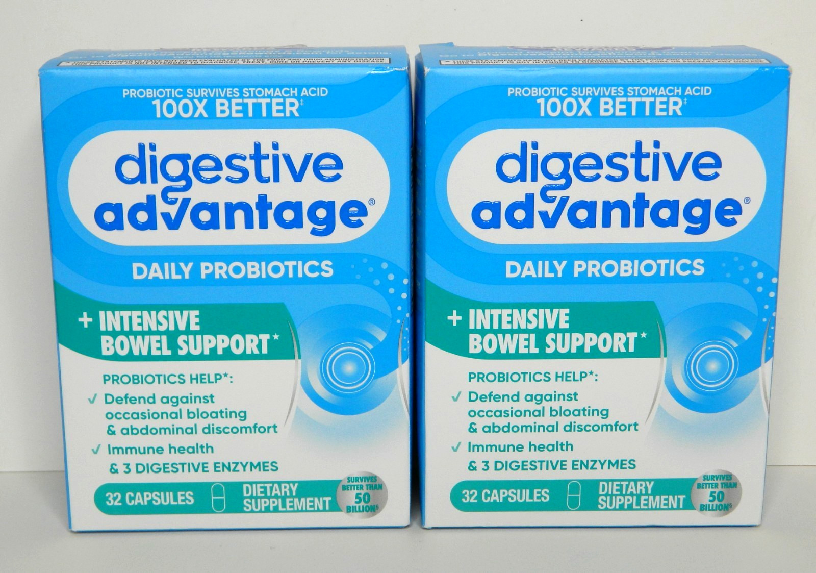 2 Digestive Advantage Probiotics + Intensive Bowel Support 32 Capsules Exp 11/26