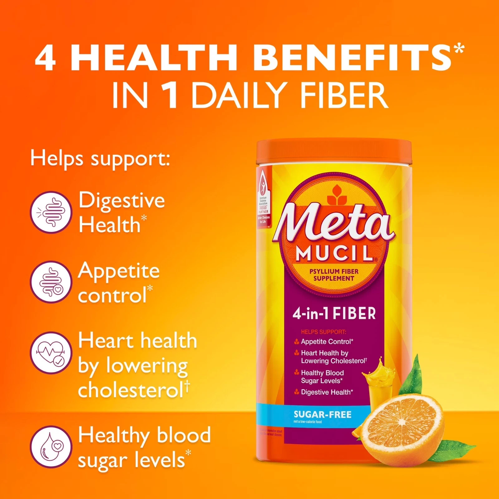 Metamucil 4-in-1 Fiber Sugar-Free Supplement (Orange) 6.1 OZ (2 Pack)