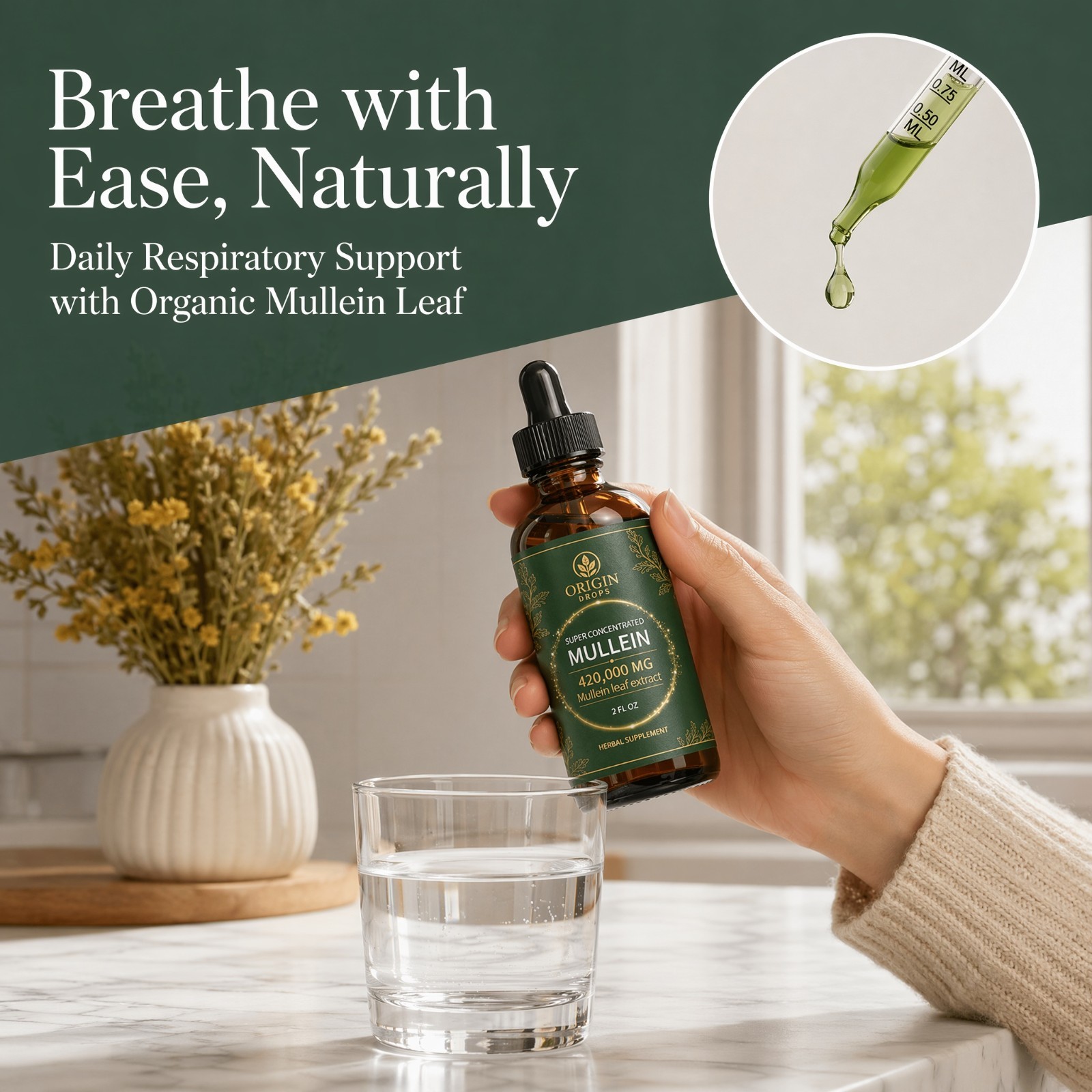 Origin Mullein Drops Natural Herbal Ear & Lung Support Supplement