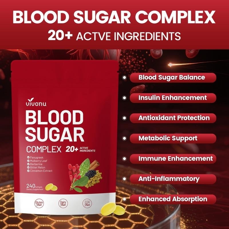 1-3 PCS Vivonu Blood Sugar Complex with 20+ Active Ingredients – 240 Softgels