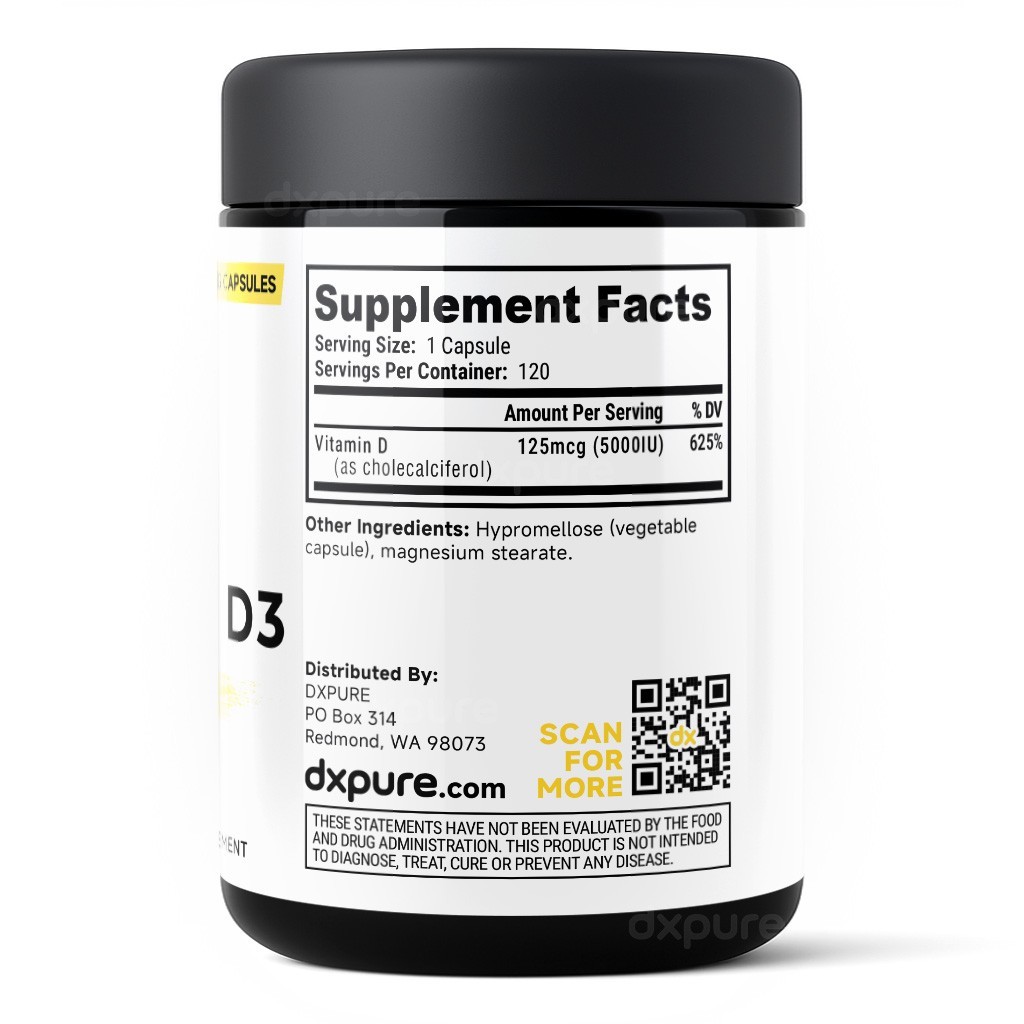 Vitamin D3 5000 IU Supplement – 120 Capsules – Vegan D3 Gluten Free Non-GMO