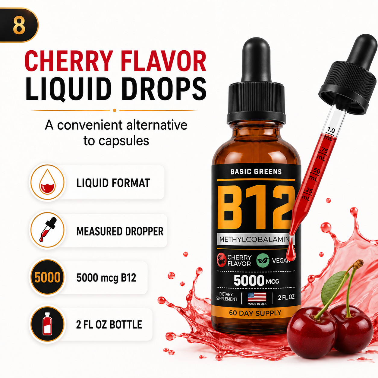 BASIC GREENS B12 Liquid Drops 5000mcg Sublingual Methylcobalamin Vegan 2oz