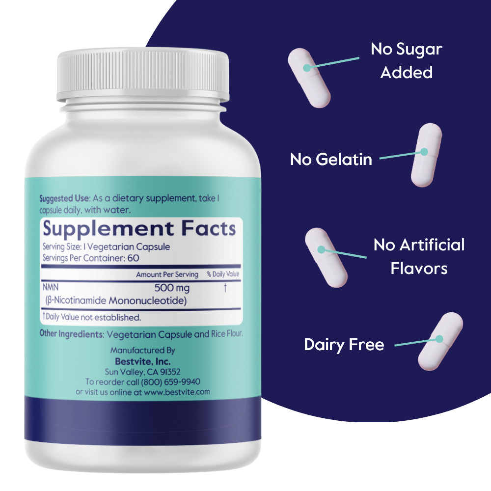BESTVITE NMN 500mg (60 Veg Caps) (Nicotinamide Mononucleotide)