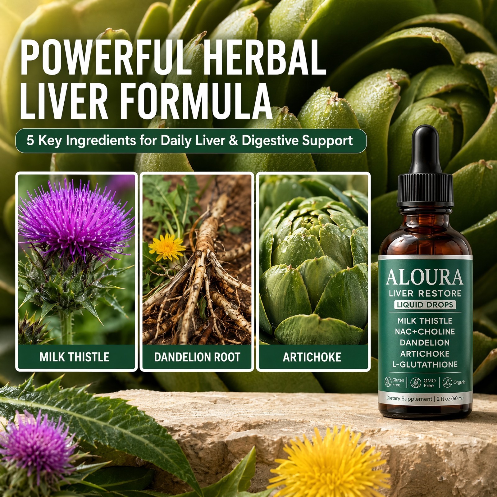 Aloura Liver Restore Liquid Drops Milk Thistle Dandelion Detox Support 60ml