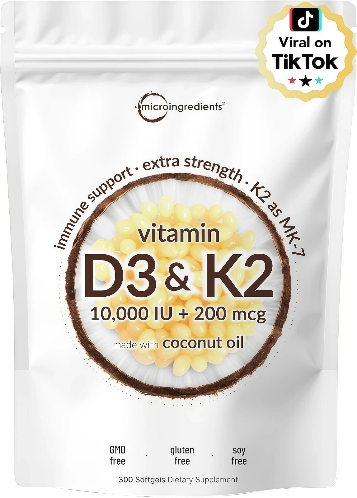 Vitamin D3 10000 iu Plus K2 (MK-7) 200 mcg, 300 Virgin Coconut Oil Softgels NEW