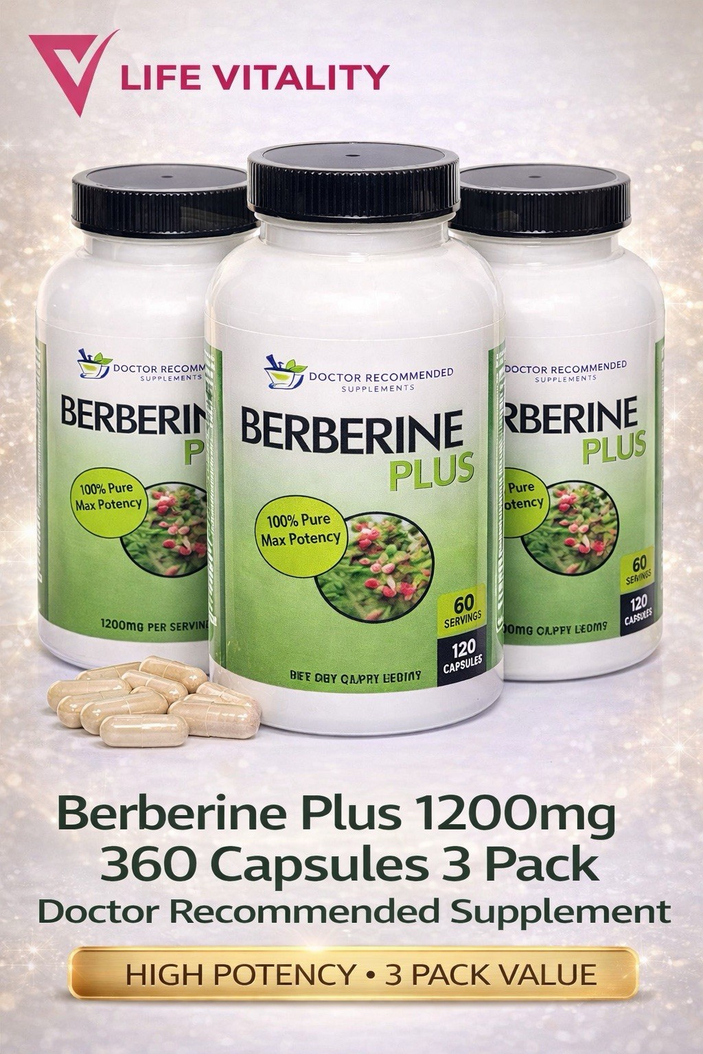 BERBERINE PLUS 1200mg 360 Veggie Caps 3PACK HIGH POTENCY HERBAL SUPPLEMENT
