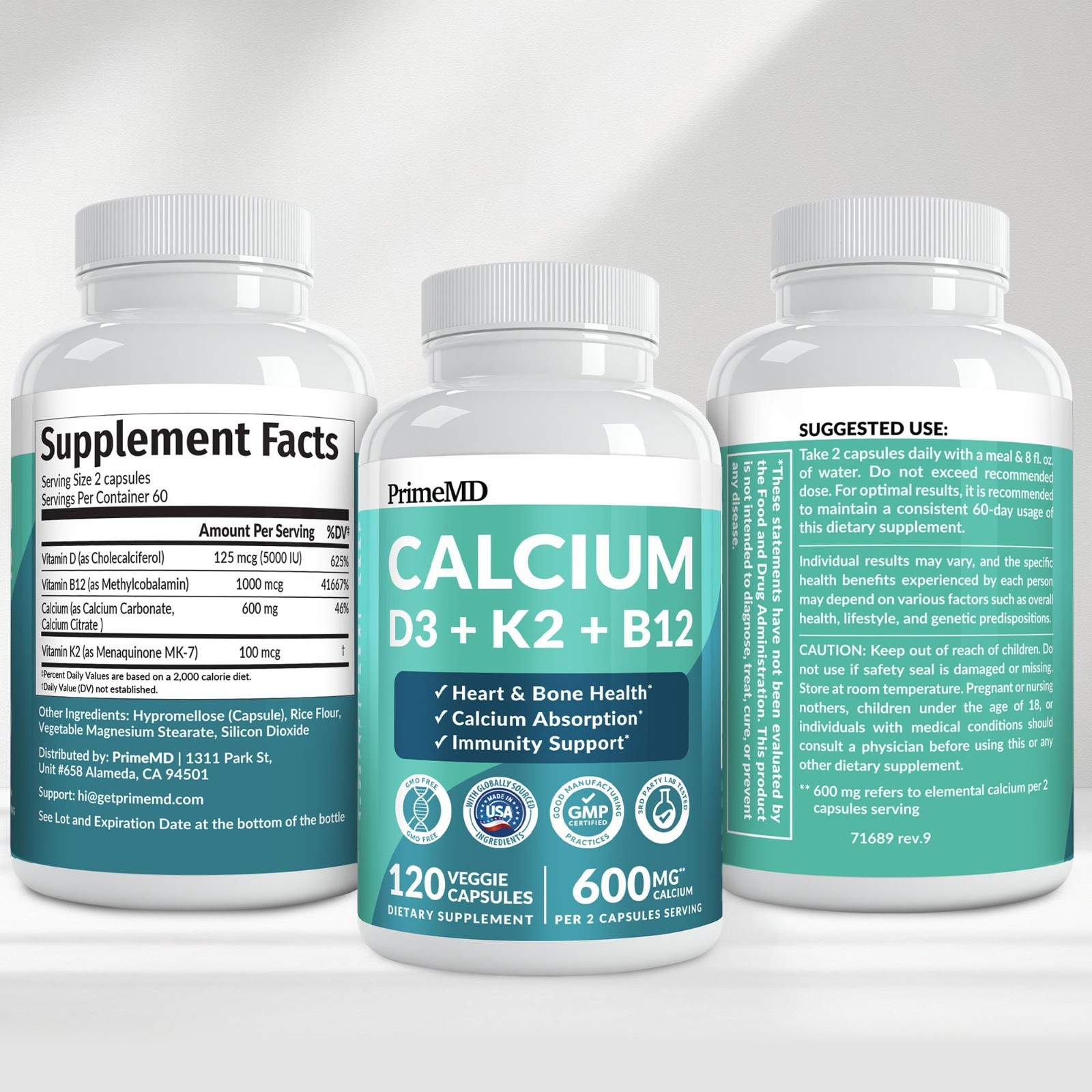 4-in-1 Calcium Citrate Supplement with D3 & K2 – Vegan, Gluten-Free, 120 Capsule