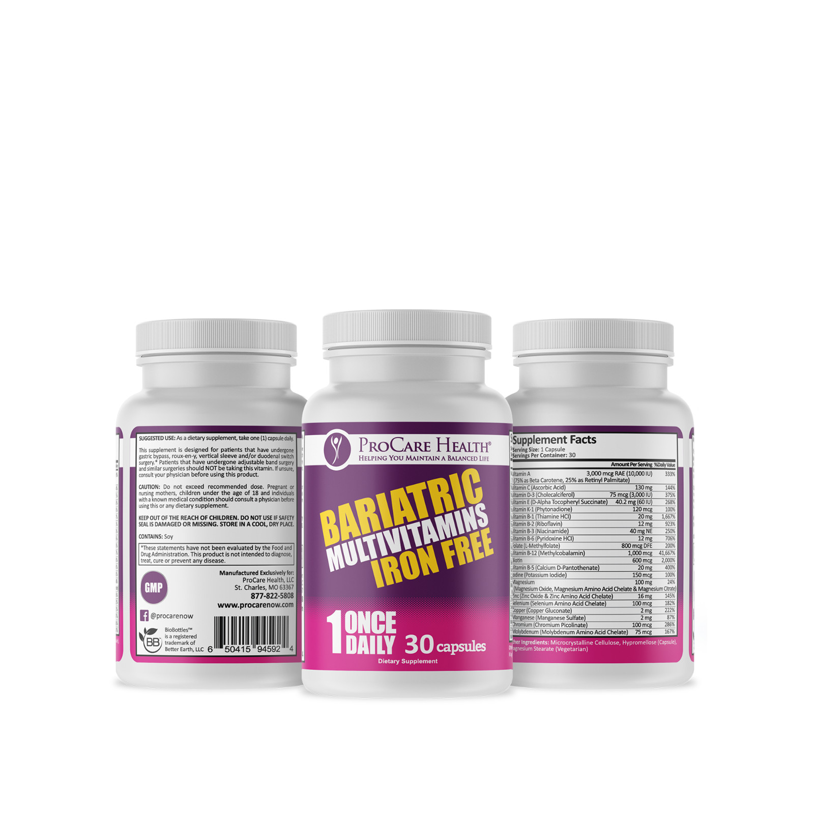 ProCare Health | Bariatric Multivitamin | Capsule | Iron Free | 30 Count |