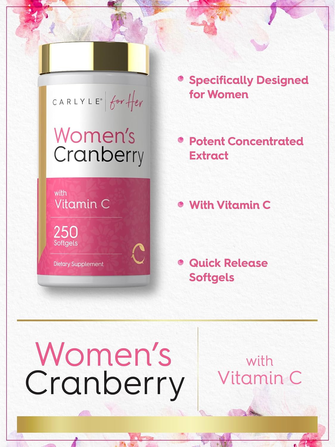 Cranberry Pills for Women 250 Softgels Concentrated Extract Supplement with Vita