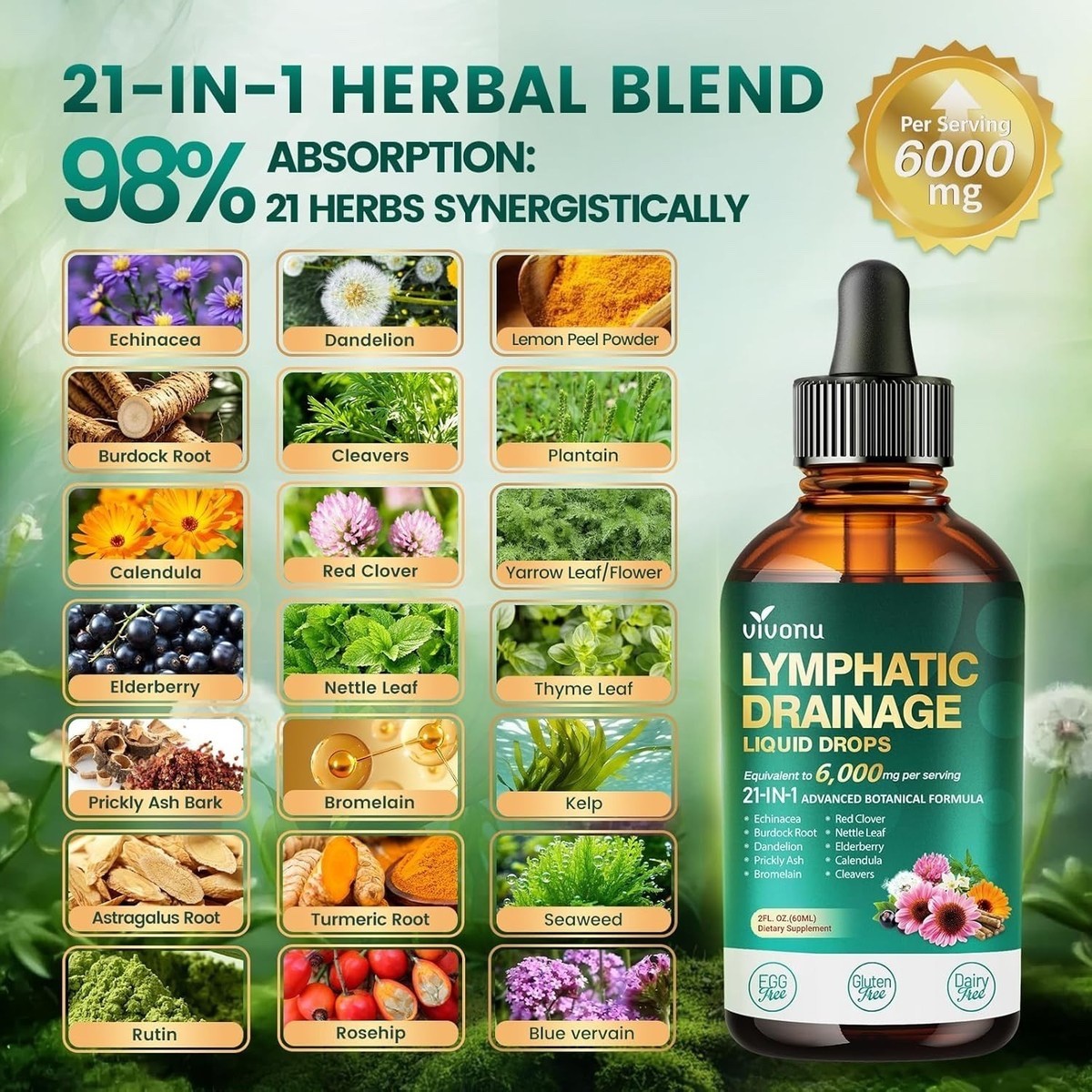 21-in-1 Lymphatic Drainage Drops for Liposomal, 6000mg Immune & Lymph System