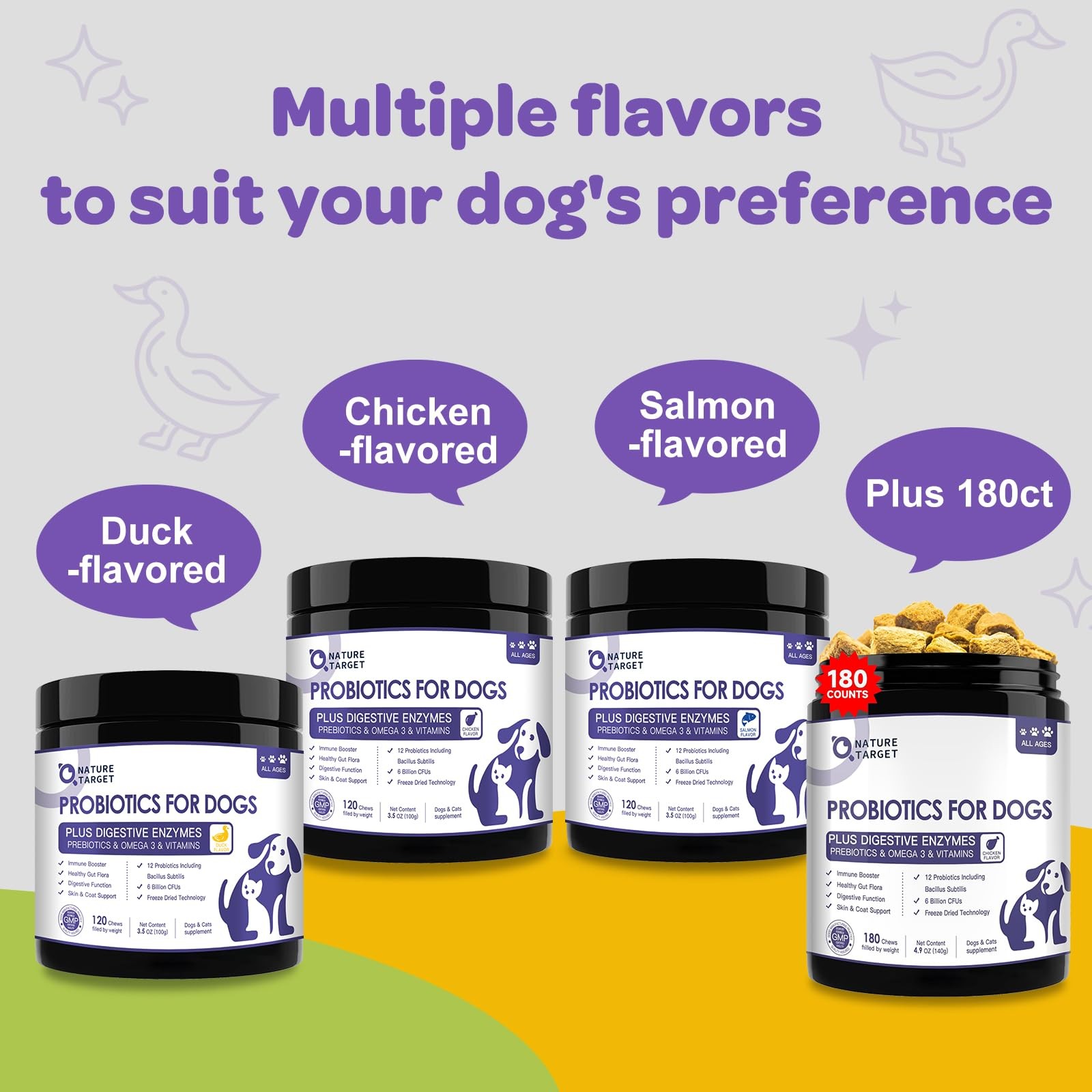 NATURE TARGET Probiotics for Dogs, Duck 120 Freeze Dried Chews, Brown