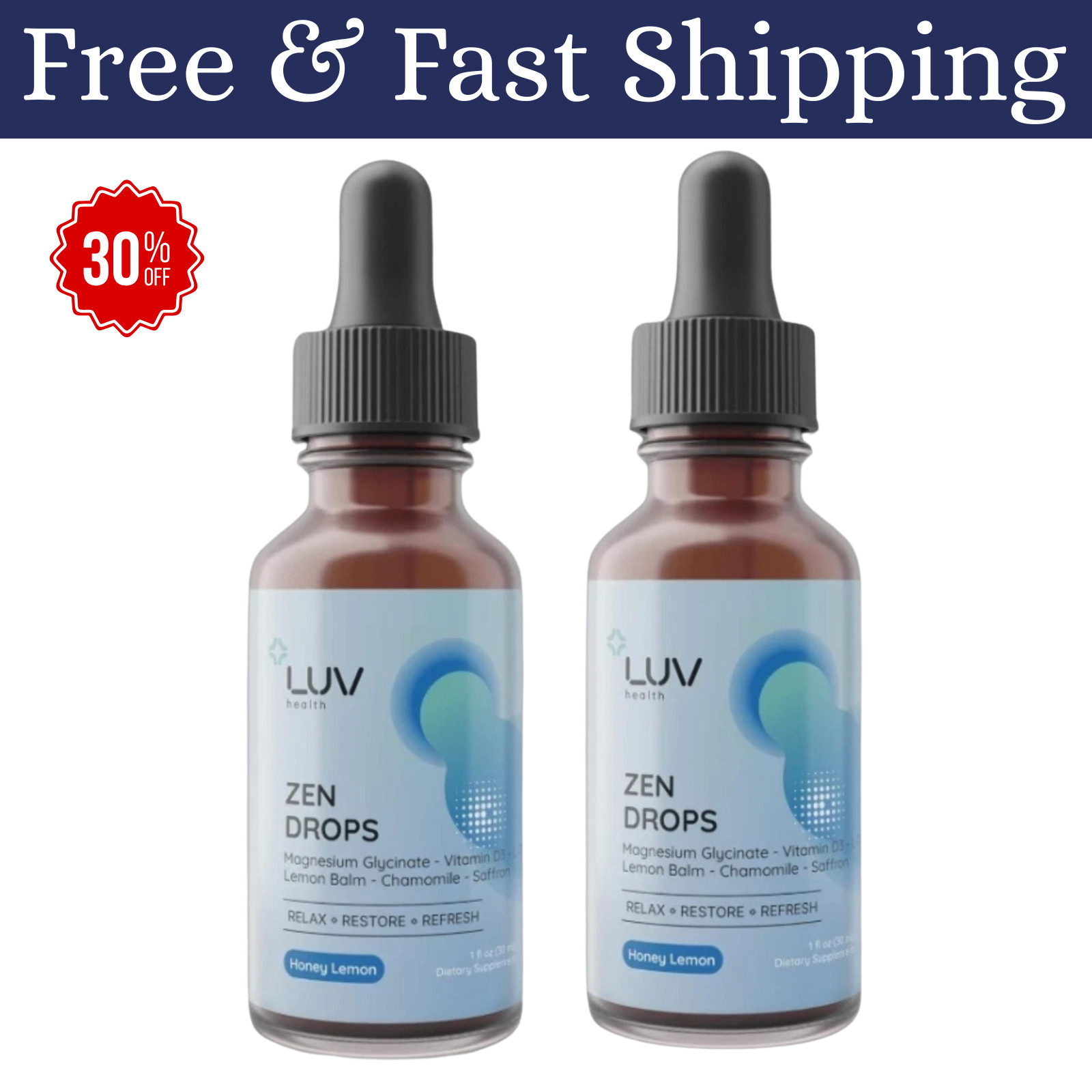 LUV Zen Drops Stress Support with Magnesium Glycinate and Lemon BalM 2 PACK.