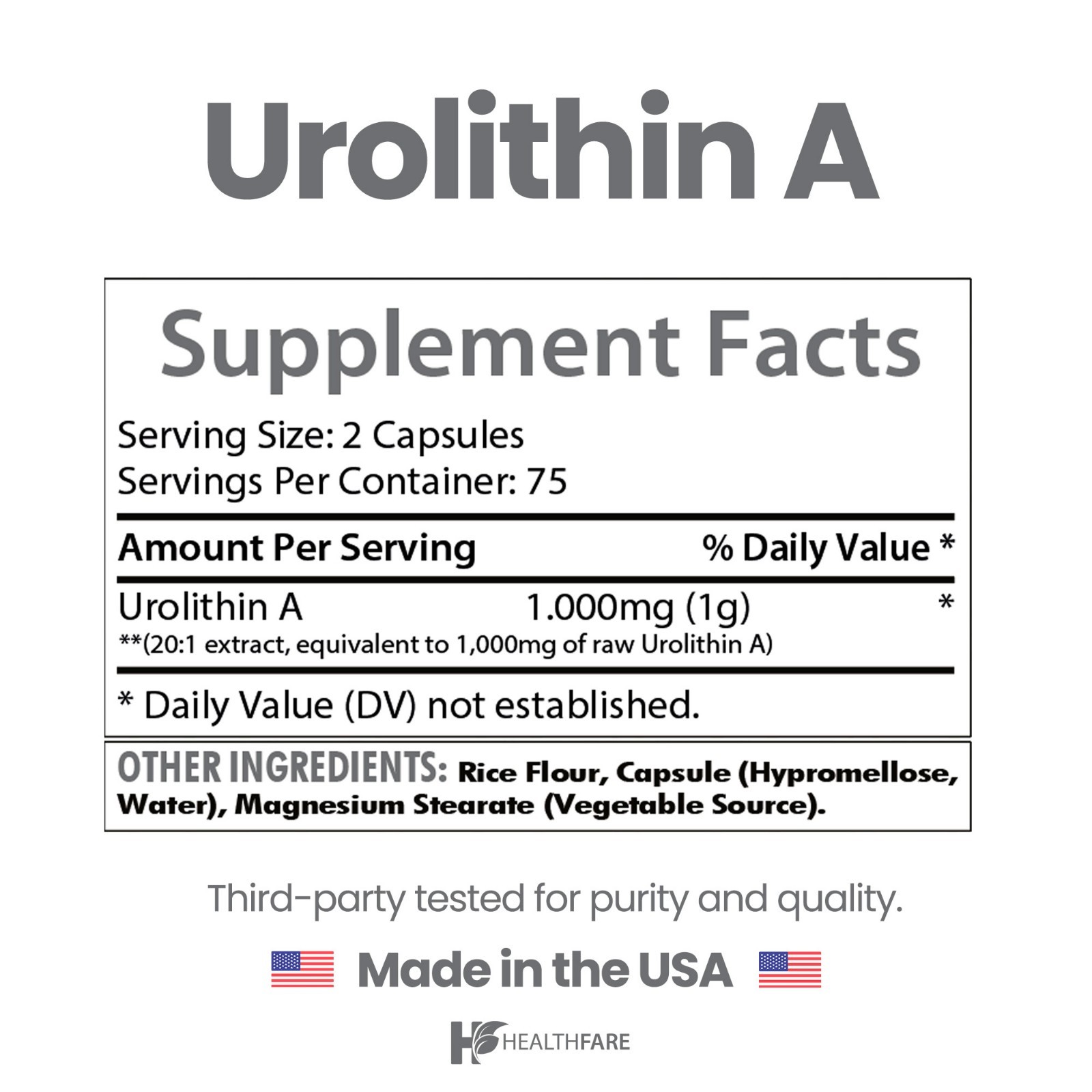 HealthFare Urolithin A | 150 Vegan Capsules | Non-GMO, Gluten-Free | Made in USA