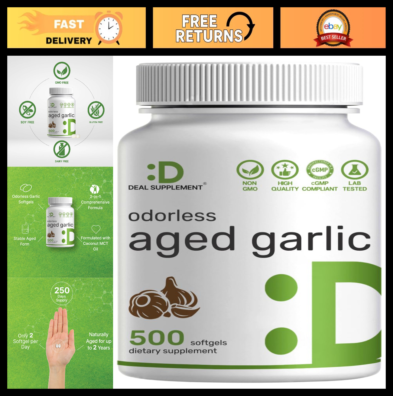 Odorless Aged Garlic Softgels 500 Count with MCT Oil – Non-GMO, 2-Year Extract
