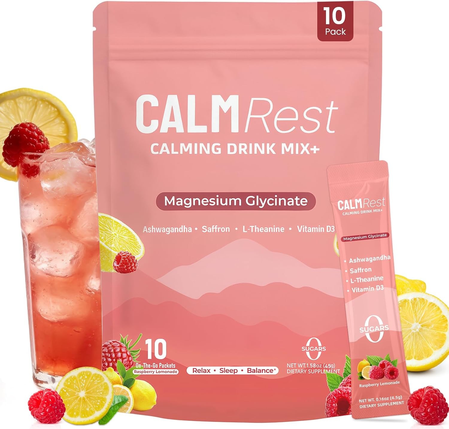 Calm Rest Magnesium & L Theanine Powder Drink Mix, raspberry Lemonade 15 count