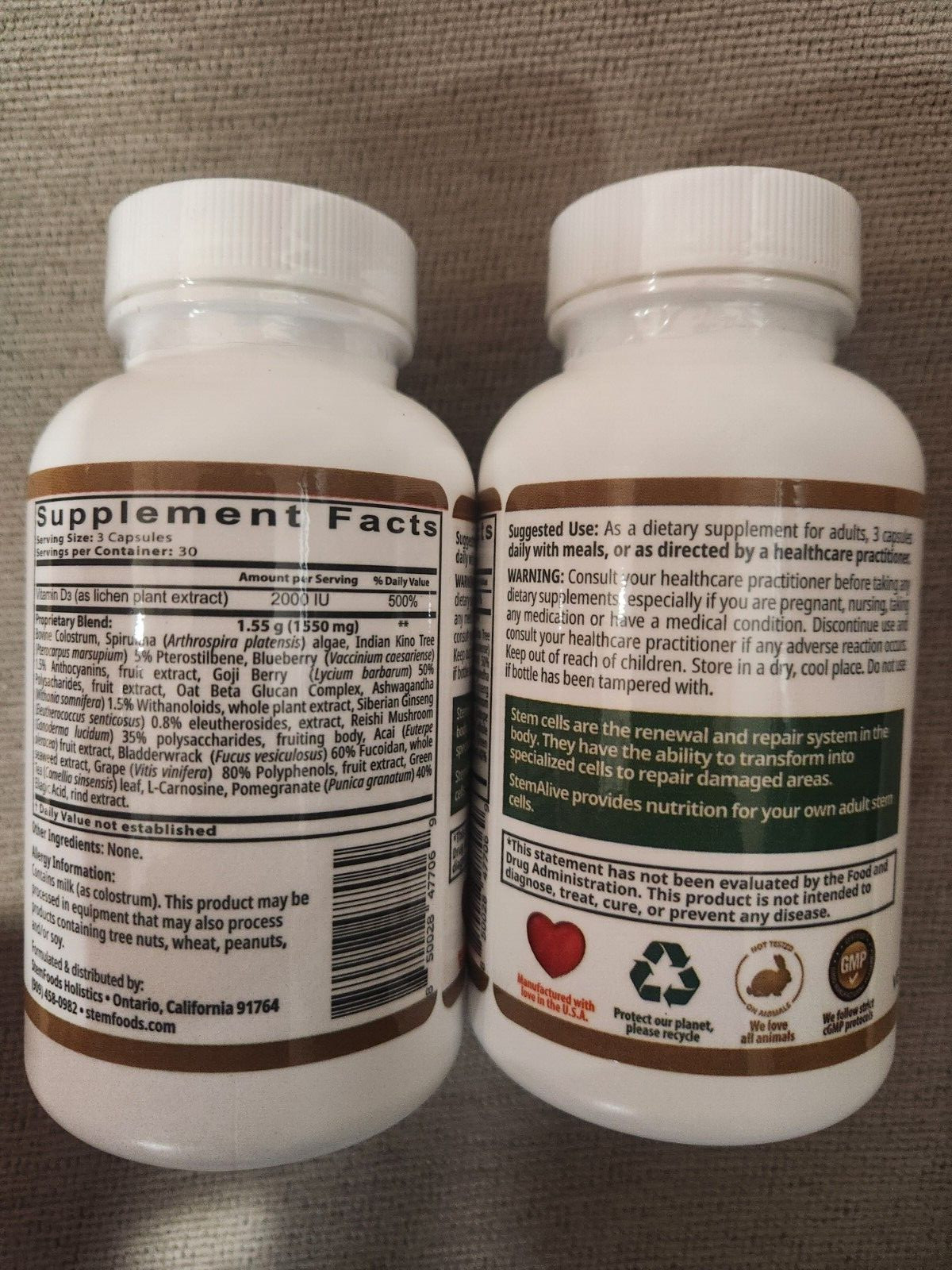 2 STEM ALIVE STEM FOODS HOLISTICS CELULAS MADRE 90 CAPS EA EXP 05/2025 NEW FRESH