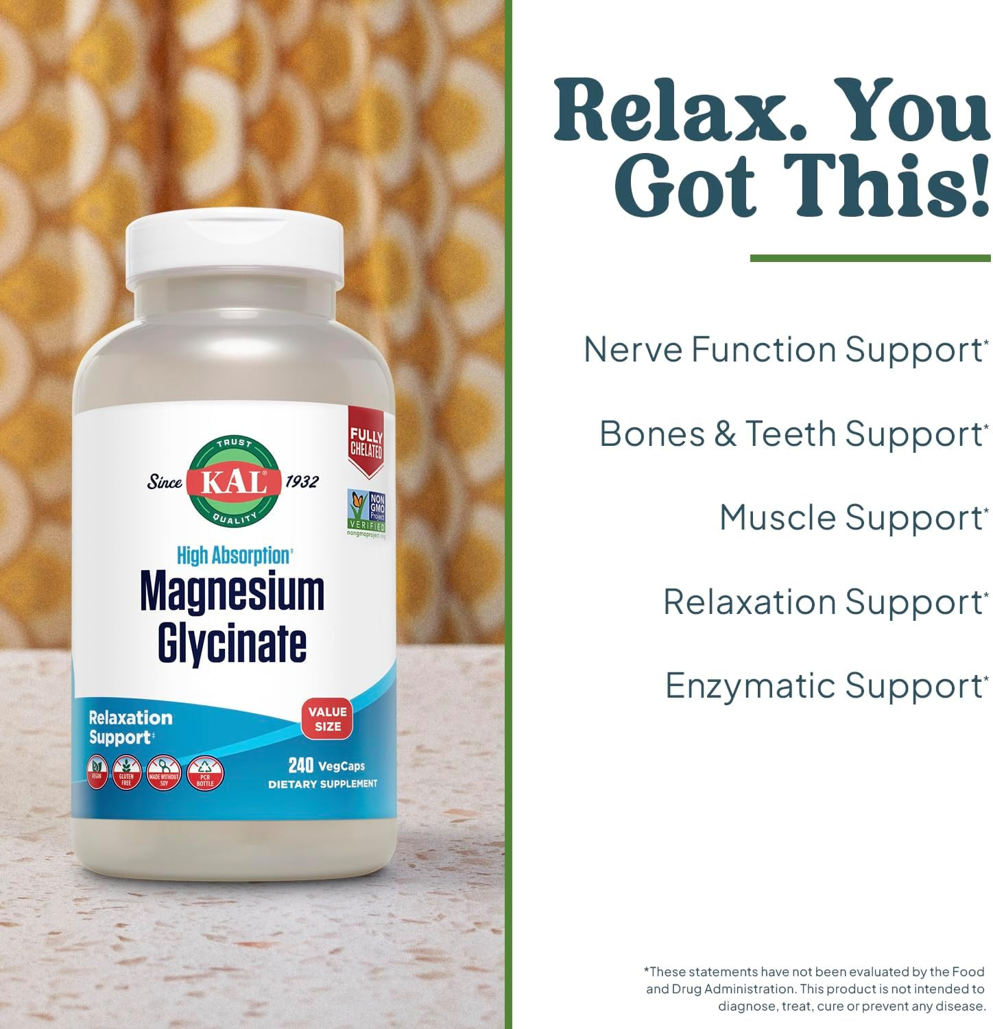 Magnesium Glycinate, New & Improved Fully Chelated High Absorption Formula with