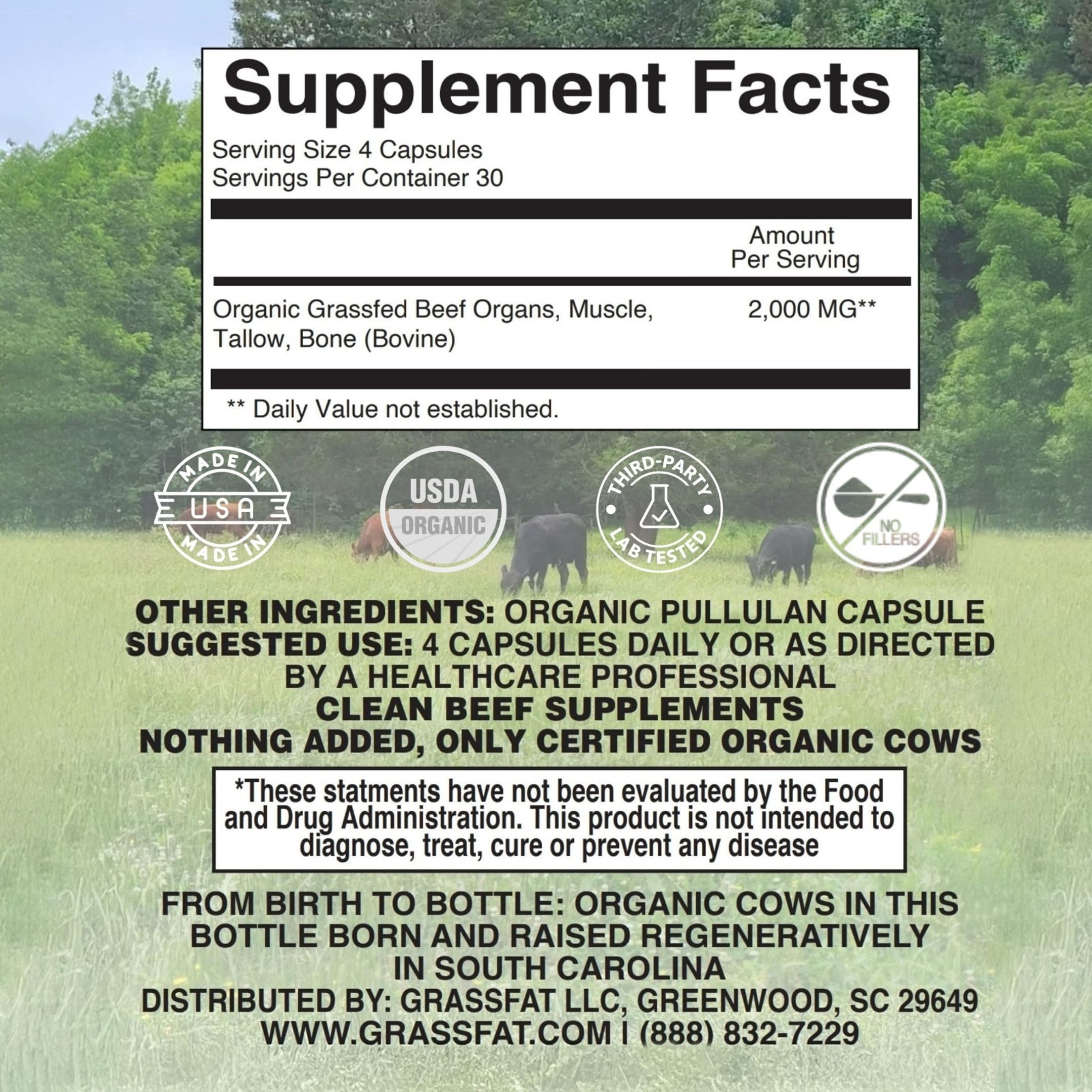 USDA Organic 100% Grassfed Beef Organ Supplements – Whole Cow, 30-Day Supply