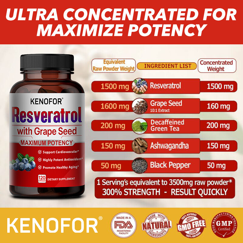 Resveratrol with Grape Seed-Supports Heart Health Anti-Aging DIETARY support USA