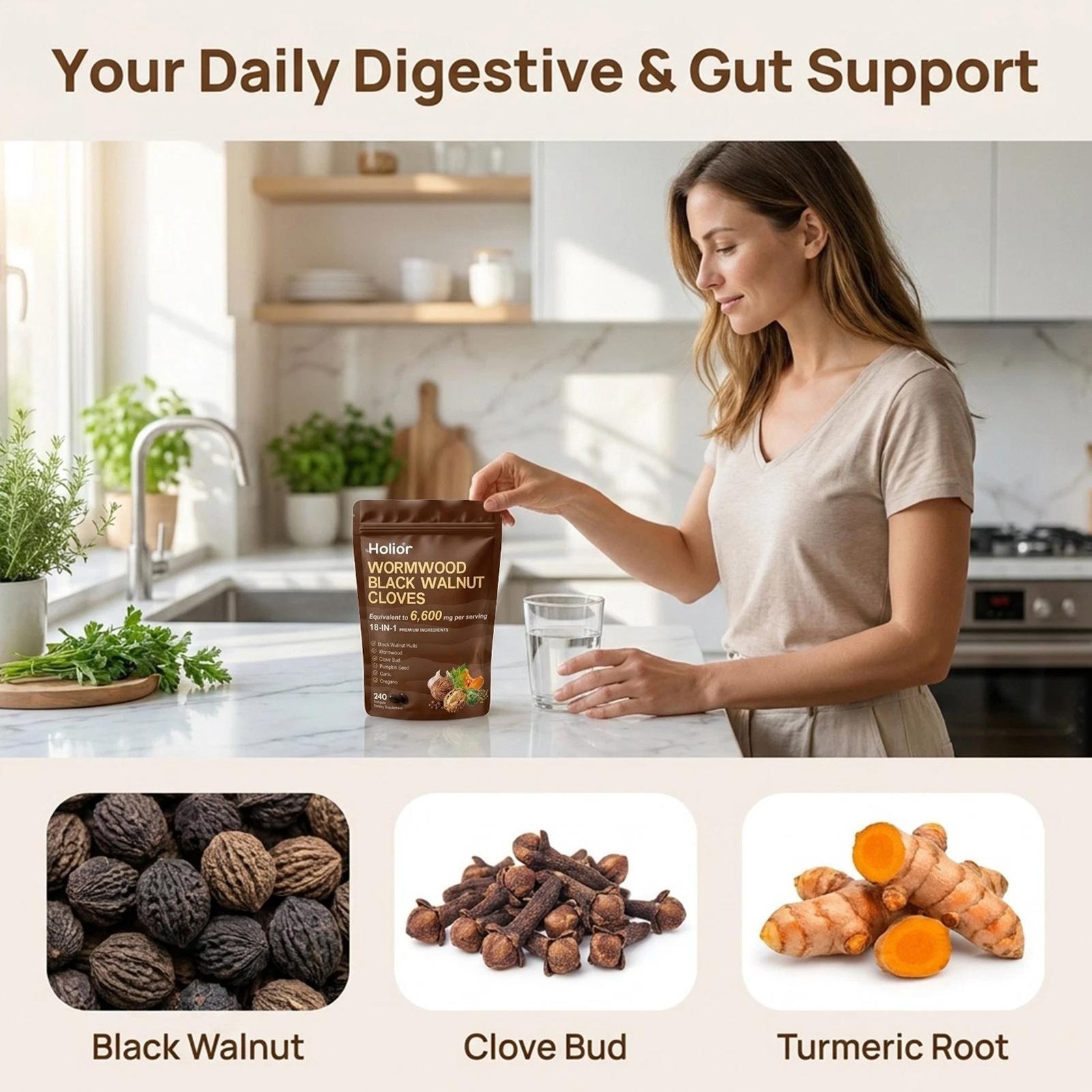 Holior Wormwood Black Walnut Clove Herbal Supplement 240 Softgels