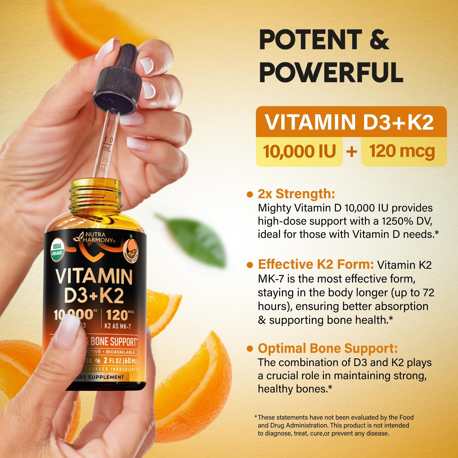 Vitamin D3 K2 Organic Drops Bone Teeth Immune Mood Support Gotas Vitamina D3