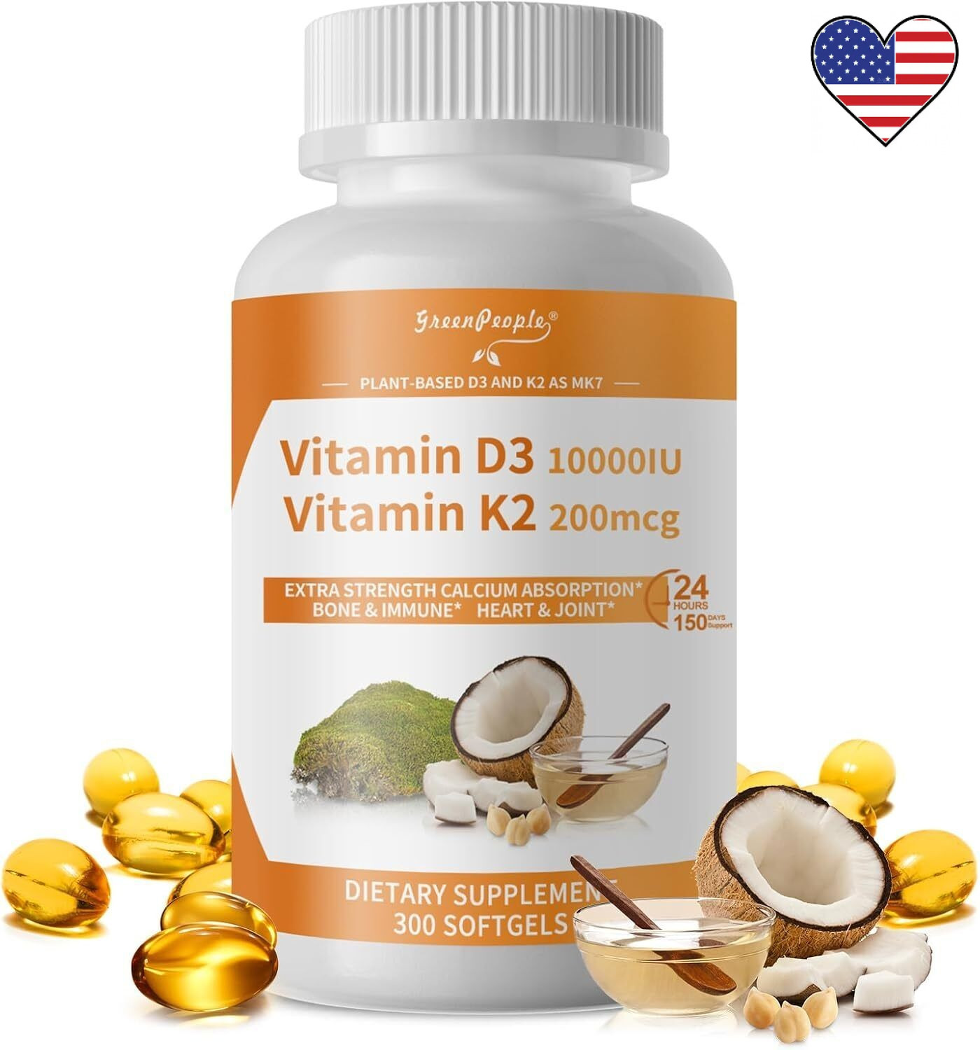Vitamin D3 10,000 IU + K2 MK-7 200 mcg, 300 Softgels 5 Months Supply