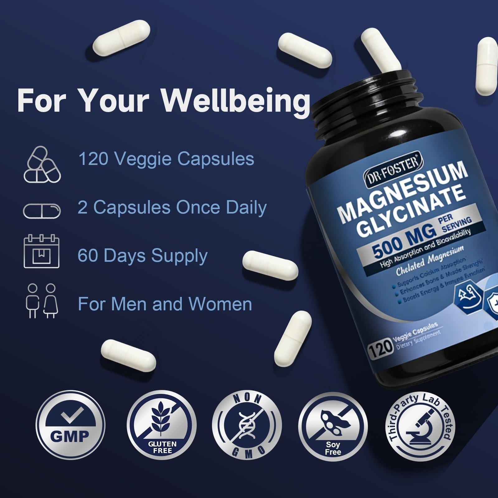 DRFOSTER Magnesium Glycinate 500mg with Zinc & Vitamin 120 Count (Pack of 1)
